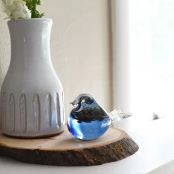 Bianco Blu Finnish Glass Bird, Peacock Blue Chickadee