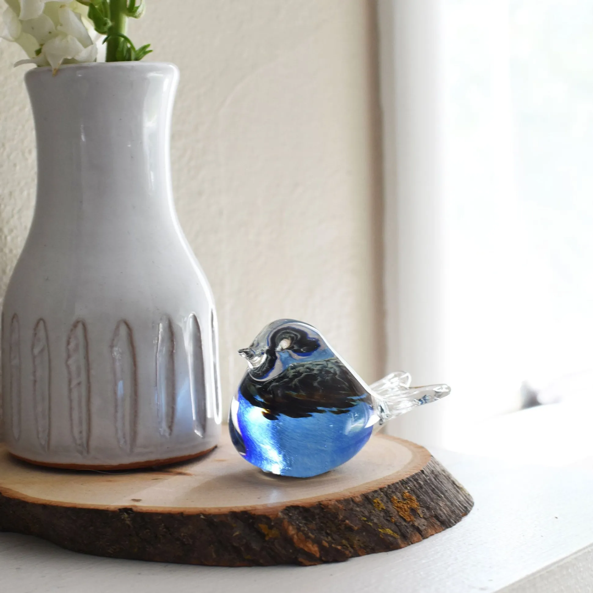 Bianco Blu Finnish Glass Bird, Peacock Blue Chickadee